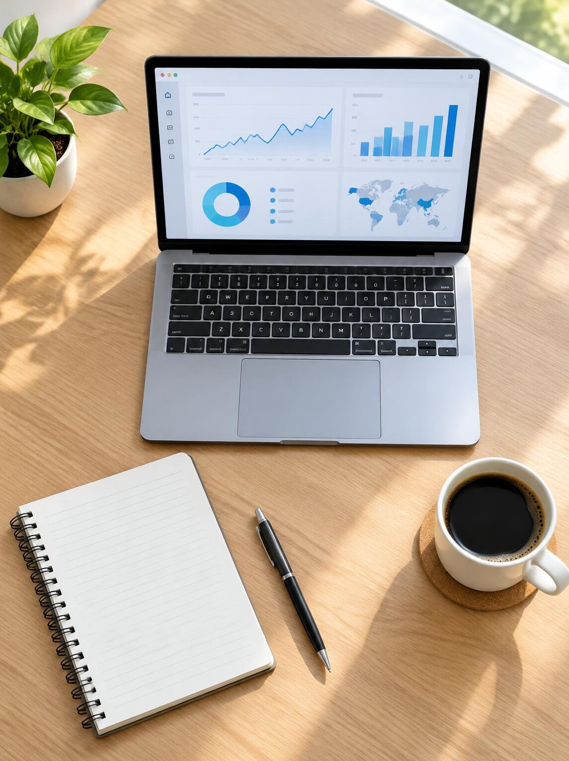 Desk with laptop showing analytics and a notebook